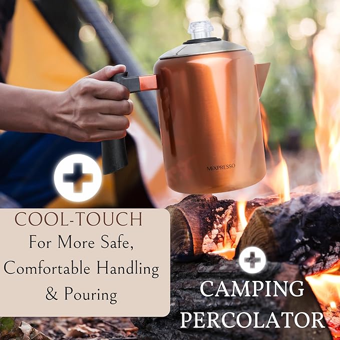 Mixpresso Copper Stainless Steel Coffee Percolator Stovetop, 37oz Classic Percolator Coffee Pot, Excellent For Camping Pot, 5-8 Cup Stove Top Coffee Maker, Cool-Touch Handle