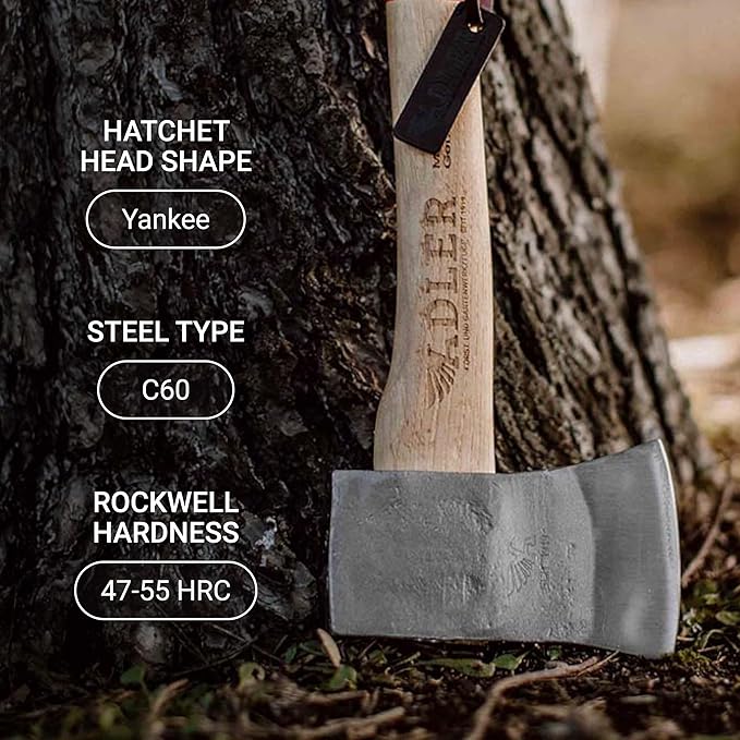 Adler - The Yankee, 15", German Forged, All-Purpose Wilderness Camping Hatchet & Kindling Splitting, Anti-Slip Wood Handle (Red Stripe)