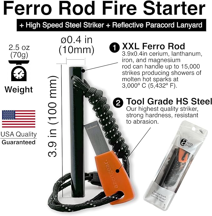 Camping Flint and Steel Fire Starter, 0.4x4in (10x100mm) Ferro Rod, HSS Striker, Paracord, Waterproof Outdoor Survival Kit aZengear