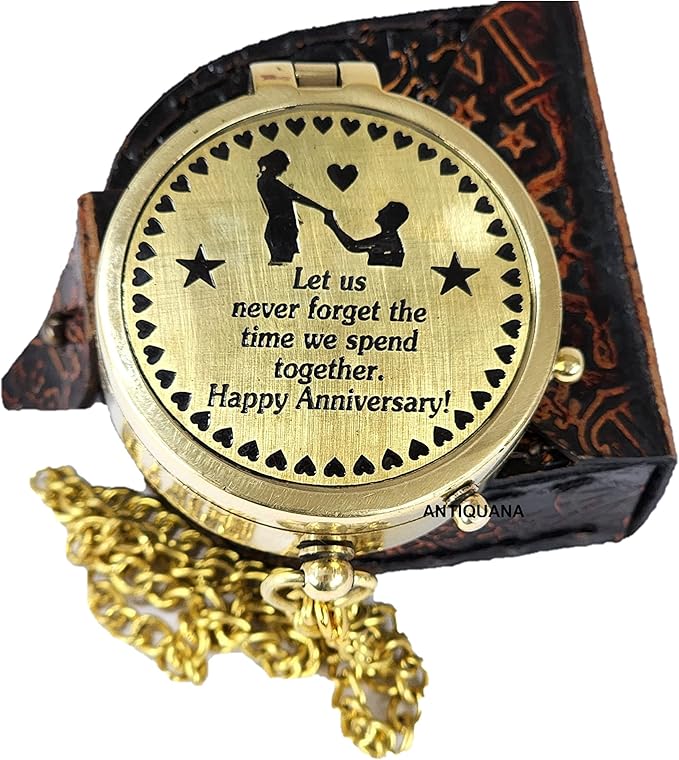 Brass Compass Unique Print ' Happy Anniversary ' Engraved Compass with Leather Case and Chain A Great Gift Item for Your Loved One