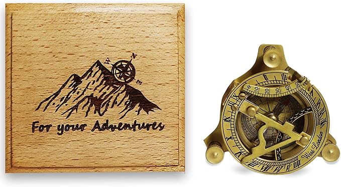 Compass with for Your Adventures Engraved on Wooden Box | Brass Pocket Compass Gifts for Men, Him, Son, Husband, Grandson, Boys | Sundial Compass Gift for Graduation, Baptism, Confirmation
