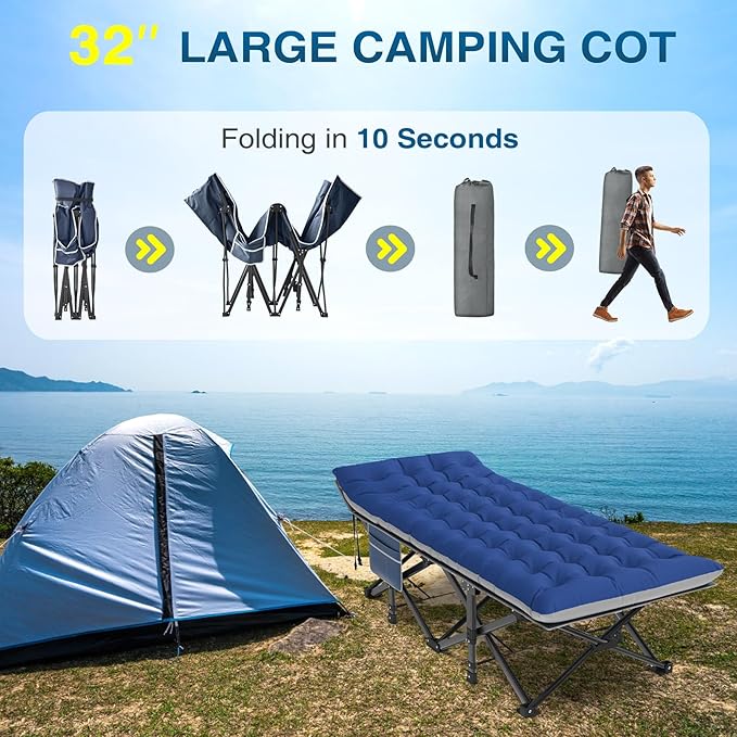 ZENPETIO Oversized XXL Folding Camping Cot, Heavy Duty Sleeping Cot for Adults with Mattress and Pillow, Portable Cot Bed with Carry Bag for Outdoor Camp Travel Home Guest Office, 78x32x18