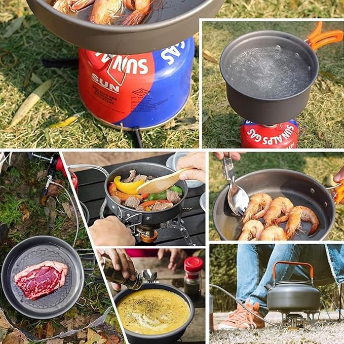 Camping Cookware Set, 13in1 Camping Cookware, Non-Stick Lightweight Camping Pot and Pan Set with Stainless Steel Kettle Plates Spoon for Backpacking, Hiking, Outdoor Cooking and Picnic