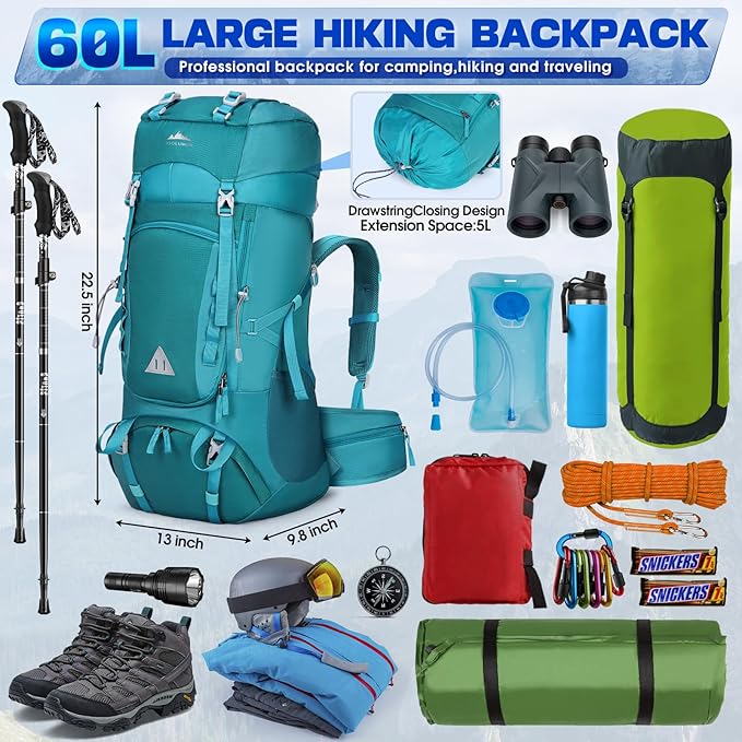 IGOLUMON 60L Hiking Backpack Waterproof Camping Backpack with Rain Cover Large Lightweight Backpacking Backpack for Men Women