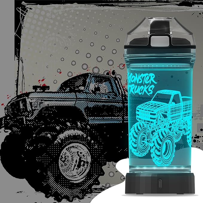 YuanDian 3D Glowing Water Bottle with 3D Monster Truck Design- 14 OZ Tritan BPA Free - Cool Drinking Cups Gift for School Kids Boy Girl Child Christmas Holiday