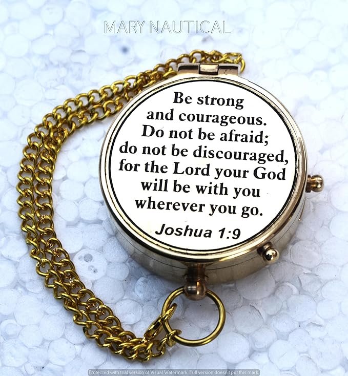 Brass Compass | Engraved Religious Joshua 1:9 Quote Gift, Be Strong & Courageous