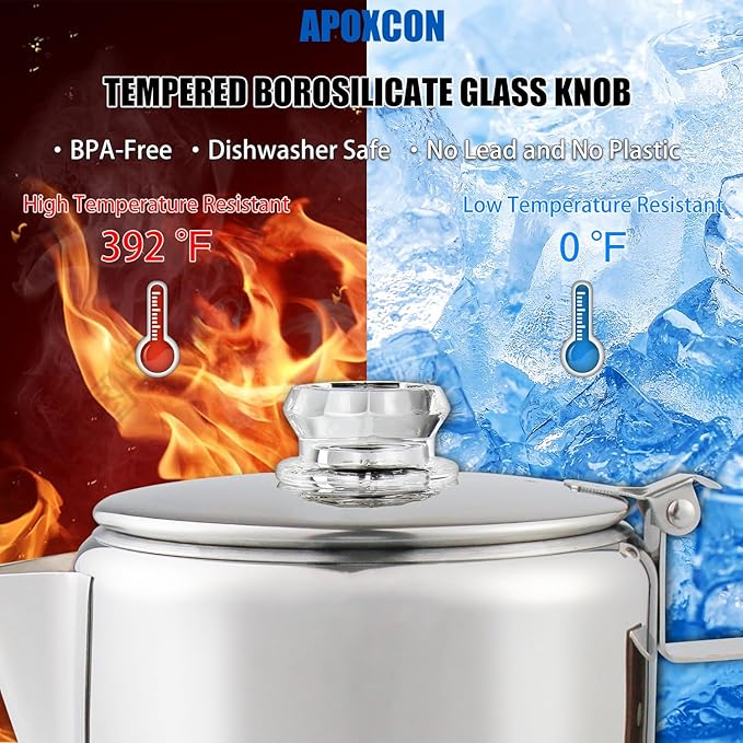 Coffee Percolator Camping Coffee Pot Stainless Steel Coffee Maker with Two Heat Resistant Tough Glass Knob Using on any Stovetop Outdoor Traveling NO Aluminum NO Plastic (9 Cup)