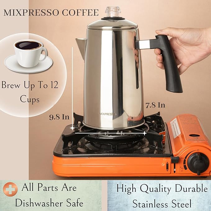 Mixpresso Stainless Steel Stovetop Coffee Percolator, 52 oz Classic Percolator Coffee Pot, Excellent As Camping Pot, 12 Cup Stainless Steel Camping Coffee Makers, Cool-Touch Handle.