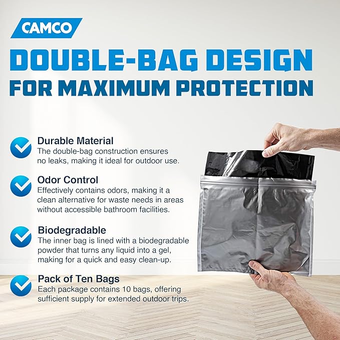 Camco Toilet Waste Bags - Features Biodegradable Powder & Leak Proof Double Bag Design - Great for Camping, RVing, Hiking, or Boating - 10-Pack (41548)