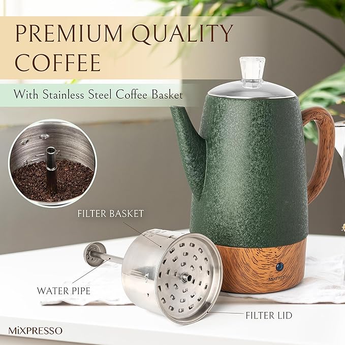 Mixpresso Percolator Coffee Pot Electric 10 Cup, Green Coffee Maker, Coffee Percolator Electric With Keep Warm Function, 10 Cups Stainless Steel Perculator With Basket (Shiny Green)