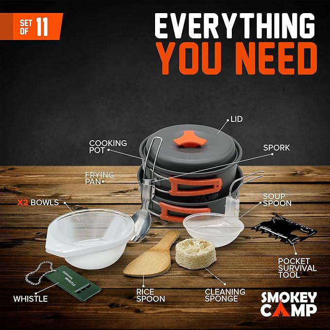 Camping Cookware Mess Kit Set with Stove - Backpacking Compact Camping Cookware, All in One Non-Stick Camping Cooking Set, Portable Stove, Hiking, Picnic, Outdoor & Camping Cookware Set
