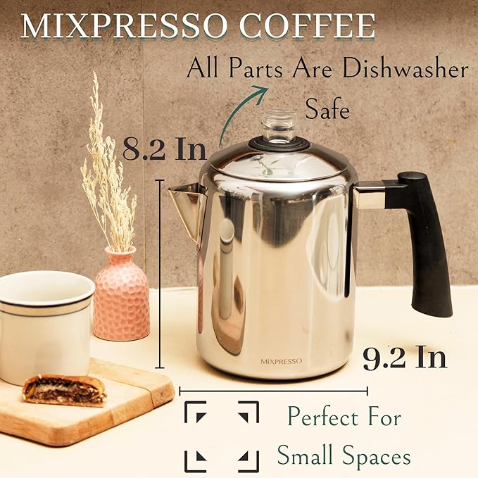 Mixpresso Stainless Steel Coffee Percolator Stovetop, 37oz Classic Percolator Coffee Pot, Excellent For Camping Pot, 5-8 Cup Stove Top Coffee Maker, Cool-Touch Handle