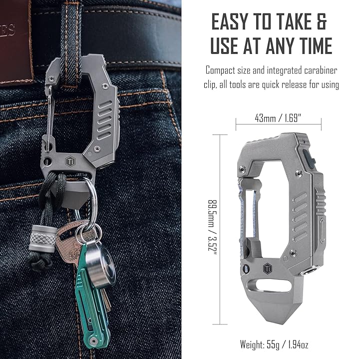 KeyUnity KF02 Titanium Multitool Carabiner Clip, 7 in 1 Multifunctional Keychain Flashlight for Camping, Hiking & Outdoor Activities