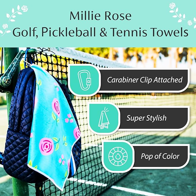 Millie Rose Pickleball Towels in Fashionable Prints - Cute 15x17 inch Microfiber & Cotton Athletic Towels with Carabiner Clip - Pickleball Accessories, Pickleball Gifts (Pickleballers)