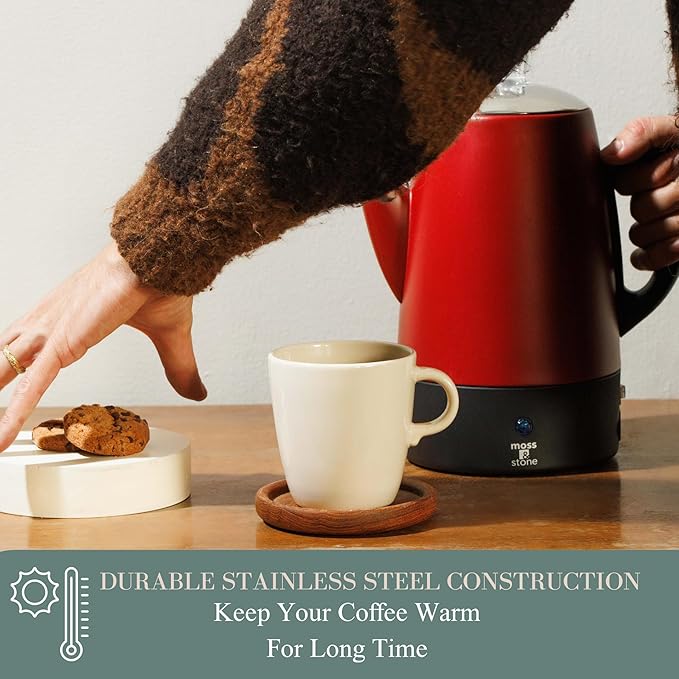 Moss & Stone Electric Coffee Percolator – Red Body Coffee Maker with Stainless Steel Lid, Percolator Electric Pot, Fast Boil 10 Cup Red Camping Coffee Pot