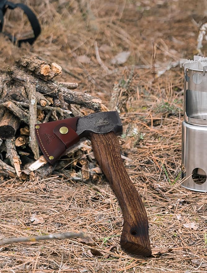 Camping Axe and Hatchet -11" Forged Carving Axe with Leather Sheath, Bushcraft Hatchet Small Axe Survival Hatchet for Woodworking
