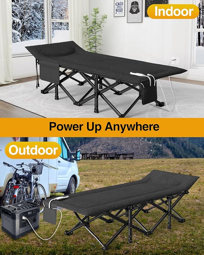 ZENPETIO Heated Camping Cot for Adults, Durable Foldable Cot Bed with Pad & Carry Bag, Portable Sleeping Cot for Camping Home Guest Stay, Direct Plug-in Design for Reliable Heating, Black
