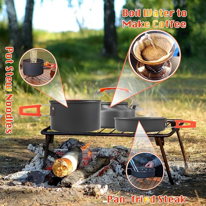 Camping Cookware Set, 13in1 Camping Cookware, Non-Stick Lightweight Camping Pot and Pan Set with Stainless Steel Kettle Plates Spoon for Backpacking, Hiking, Outdoor Cooking and Picnic