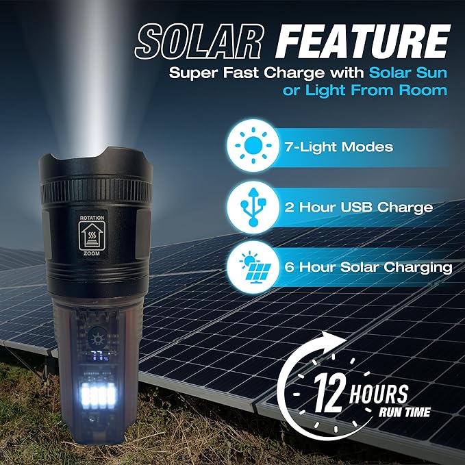 Solar Camping Flashlight, Ideal for Camping Essentials. This Midsize Heavy Duty Survival Gear Flash Light Includes A Black Light/UV Light & More. Essentials for Camping Gear & Hunting Gear
