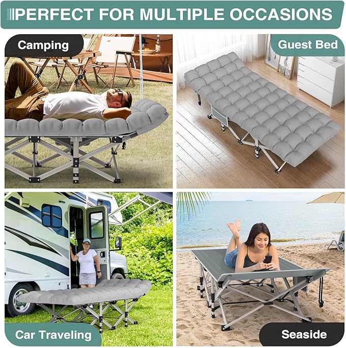 ZENPETIO Camping Cot for Adults, Portable Foldable Camp Bed with Mattress & Carry Bag, Outdoor Sleeping Cots for Camping, Travel, Home, Office, 2025 Updated