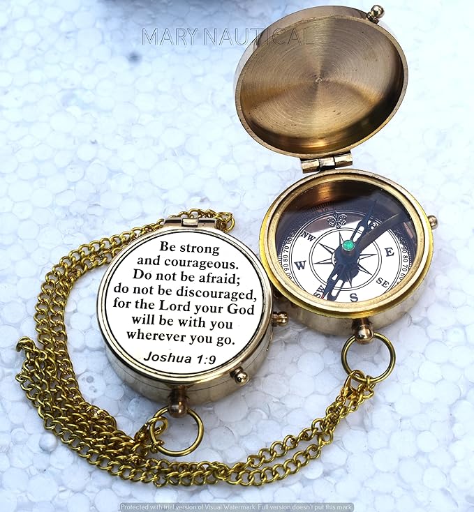 Brass Compass | Engraved Religious Joshua 1:9 Quote Gift, Be Strong & Courageous