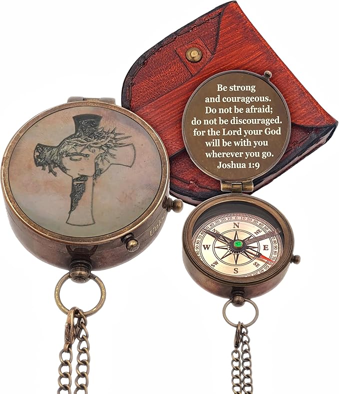 Be Strong and Courageous Brass Religious Compass Gift Confirmation Baptism Easter Christian Catholic Graduation Trekking Adventure Engraved Scripture Prayer Gift for Men Women Teenage Boys Girls