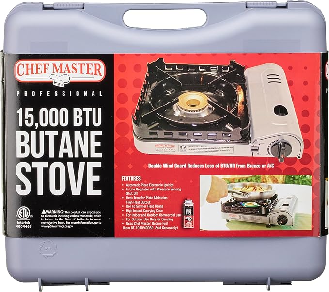 Portable Butane Camping Stove, Piezo Click Ignition, 15,000 BTU Output, Double Wind-Guard Portable Stove Burner for Emergency, Tailgating, Hiking, Backpacking, Camping Essentials by Chef Master #90019