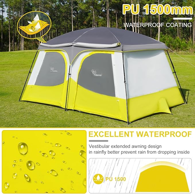 Vidalido Tents,6-8 Person Camping Tent with Extended Vestibule,2 Room Weather Resistant Family Tents,Easy Install Waterproof Outdoor Tent for Backpacking and Camping Hiking