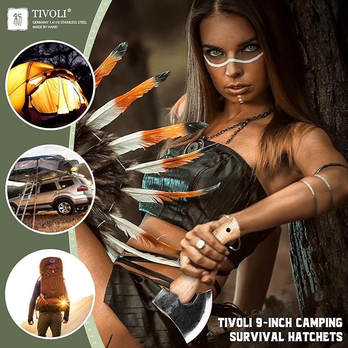 Tivoli 9-inch Small Hatchet Camping Axe, Small Bushcraft Axe for Chopping Wood, Survival Axes and Hatchets, Hand Forged Carbon Steel Carving Axe, Ash Wood Handle, Retro Sheath