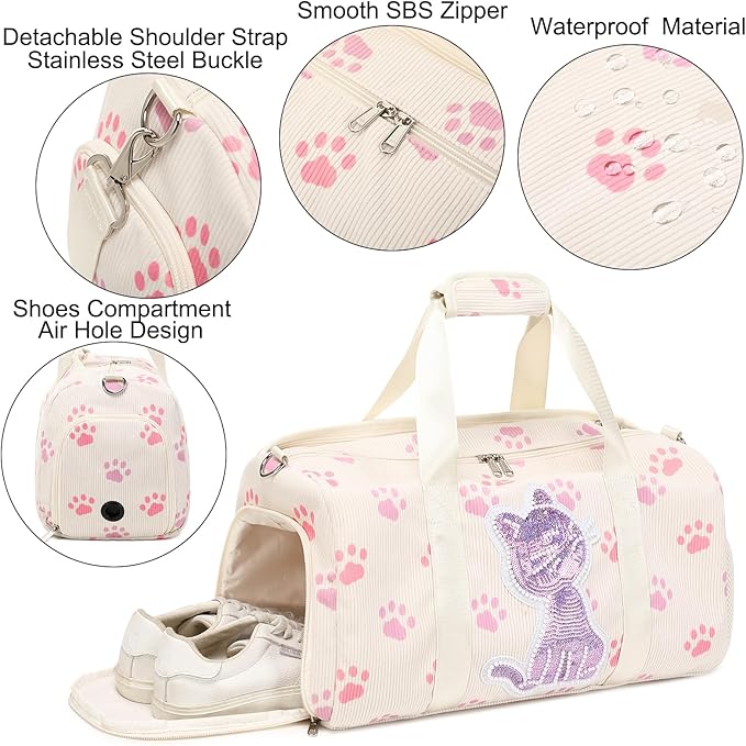 Dance Bag for Girls Sports Duffle Bag Teen Gym Bag Ballet Bag with Separate Dry Wet Pocket and Shoes Compartment Weekender Overnight Bag for Teen Girls Corduroy Sequined Cat(Cat Beige)