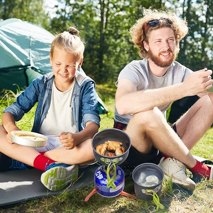 Camping Cookware Set Portable Backpacking Stove Kit, Mini Camp Stove with Non-Stick Lightweight Pots Pans and Stainless Steel Fork Knife Spoon for Outdoor Camping Hiking Cooking Gear