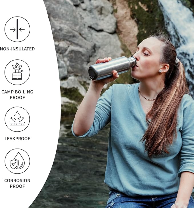 Bambaw 32 oz Water Bottle | Metal Water Bottle | Non-insulated Single Wall Stainless Water Bottle | Steel Water Bottle | Stainless Steel Water Bottles | Travel Water Bottle | 1 Liter Water Bottles
