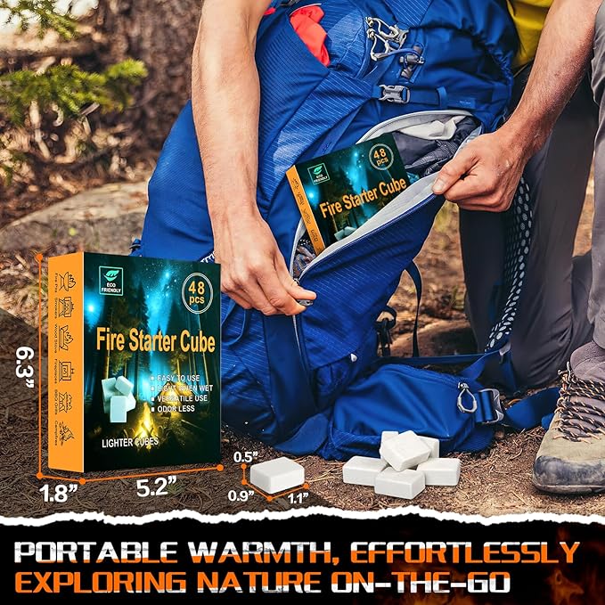 Fire Starter Squares for Campfires: All Weather Camping Fire Starters Cubes | Quick & Odorless Firestarters for Fireplaces | Wood Stove | Grills | Fire Pit | BBQ - 48 Count