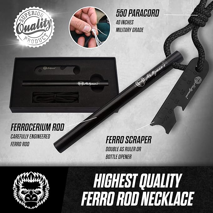Premium Ferro Rod Fire Starter - Gift Box 6", 4 1/2" Ferrocerium Rod Survival Kit - 3 in 1 Magnesium Flint and Steel Set with Paracord & Scraper - Lightweight Emergency Camping Tool