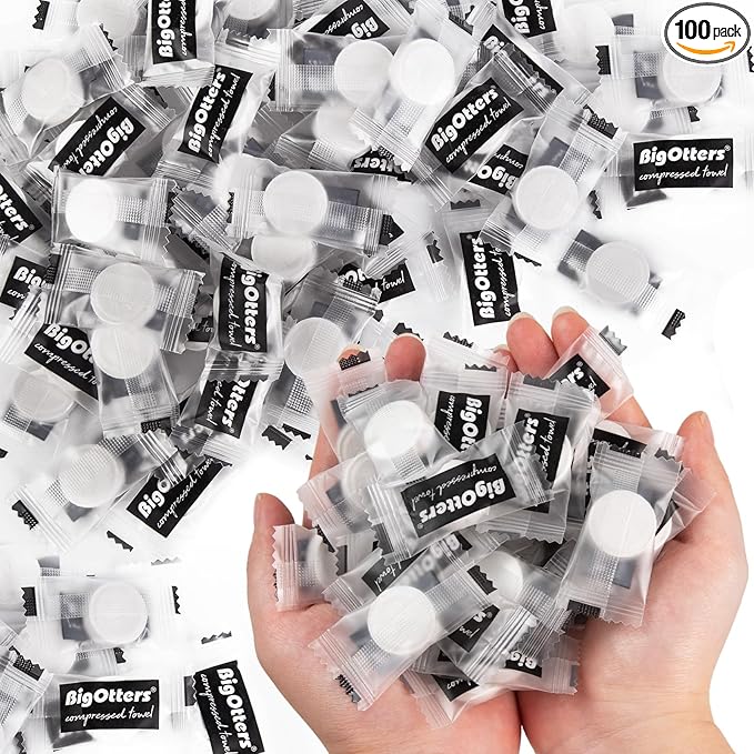 BigOtters 100PCS Compressed Towel, Disposable Compressed Towel Tablets, Bulk Coin Tissues, Portable Mini Compressed Camping Towels for Travel Home and Outdoor Activities