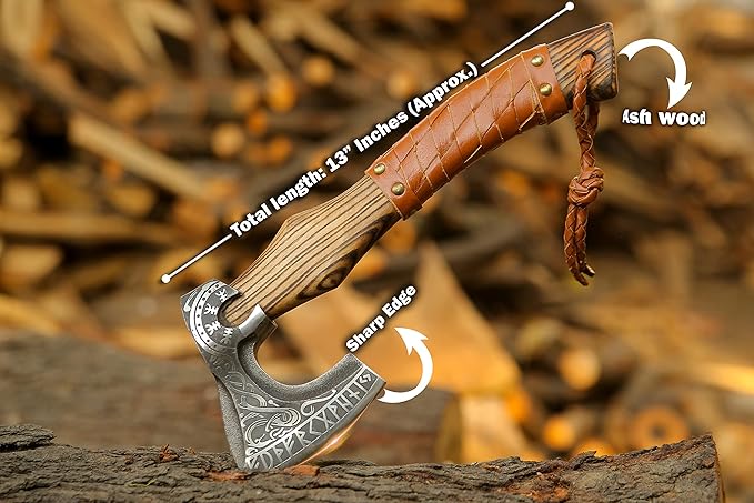 13” Inch Viking Axe- Ash Wood Handle Hatchets and Axes with Leather Wrap, Wood Splitting Axe, Camping Axe, Throwing Axes and Tomahawks - Gift for Father’s day, Husband(Rare Viking)