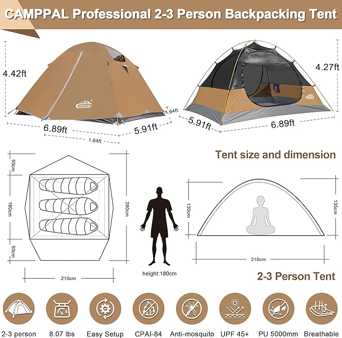 2-3 Person Tent - Waterproof Windproof 4 Season Tent for Backpacking, Hiking, Hunting, Motorcycling & Biking