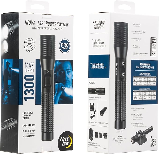 Nite Ize INOVA T4R Powerswitch Rechargeable Tactical Flashlight - 1300 Lumen Tactical Flashlight with Professional-Grade USB Charging Cradle & AC/DC Adapters - Flashlight for Camping, Biking & Hiking