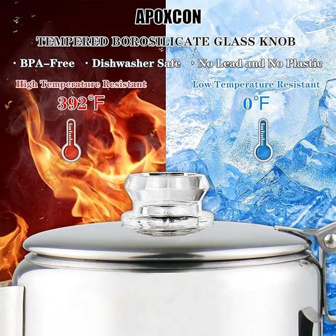 Multi Use Percolator Coffee Pot Stainless Steel Stove Top Coffee Maker with Two Borosilicate Glass Knob Silica Handle Camping Coffee Pot Using on Campfire Stove & Induction Cooker Silver 9 Cup