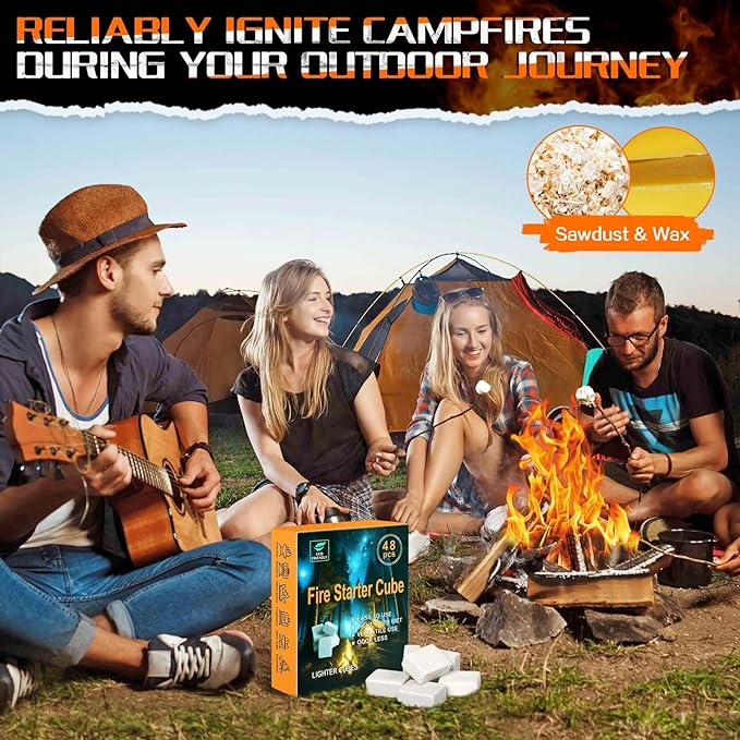 Fire Starter Squares for Campfires: All Weather Camping Fire Starters Cubes | Quick & Odorless Firestarters for Fireplaces | Wood Stove | Grills | Fire Pit | BBQ - 48 Count
