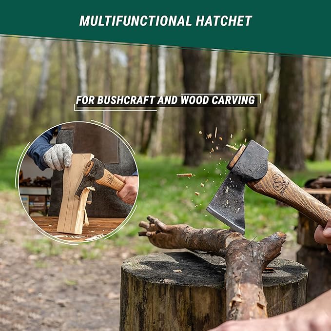 BeaverCraft Hand Forged Hatchet Axe with Sheath AX1 - Bushcraft Hatchet Camping Small Forest Axe Survival Hatchet Carving Axe for Chopping Wood - Camp Splitting Axe Gardening Axes Wood Cutting Axe