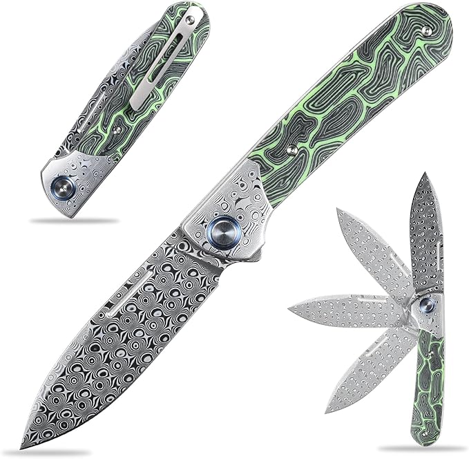 Sitivien ST256 Damascus Steel Folding Knife,Damascus Blade with Colorful G10 Handle EDC Knife for Outdoor Camping,Hiking, Fishing(Green) … …