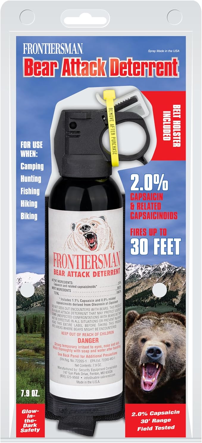 SABRE Frontiersman 7.9 fl oz. Bear Spray, Maximum Strength 2.0% Major Capsaicinoids, Powerful 30 ft. Range Bear Deterrent, Outdoor Camping & Hiking Protection, Quick Draw Holster & Multipack Options