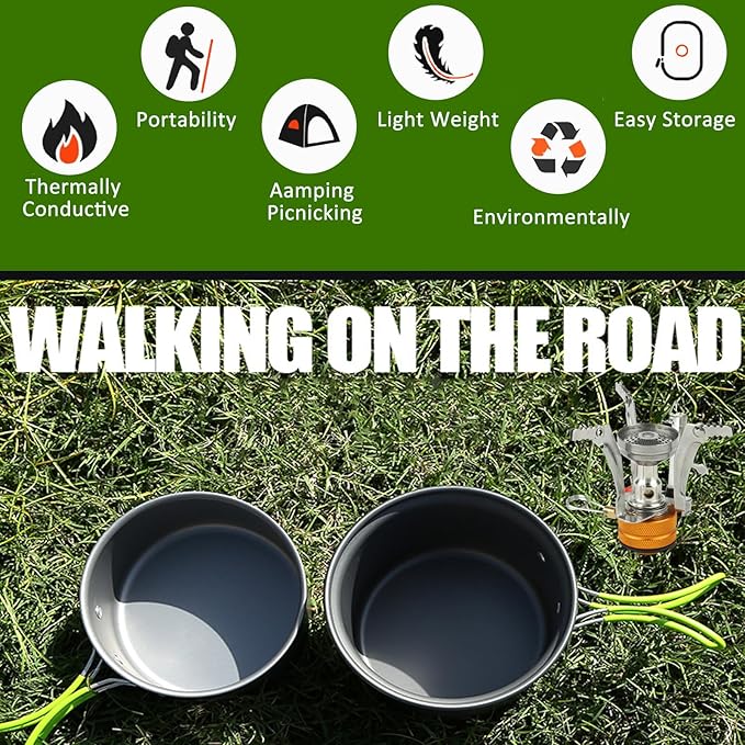 Camping Cookware Set Portable Backpacking Stove Kit, Mini Camp Stove with Non-Stick Lightweight Pots Pans and Stainless Steel Fork Knife Spoon for Outdoor Camping Hiking Cooking Gear