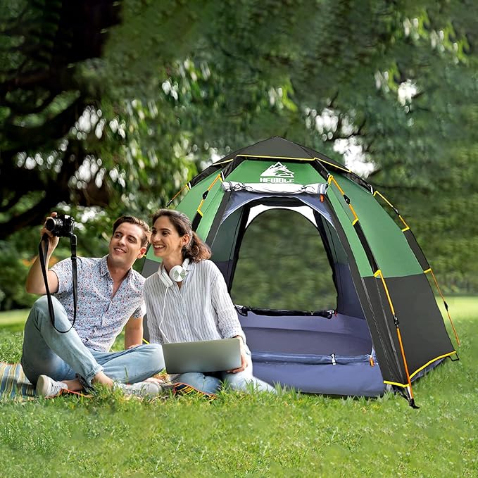 Hewolf 2/3/4 Person Camping Tent - Instant Pop Up Waterproof 2 Doors Tent with Easy Setup | 3-Season Hexagonal Dome Design for Family, Hiking & Traveling