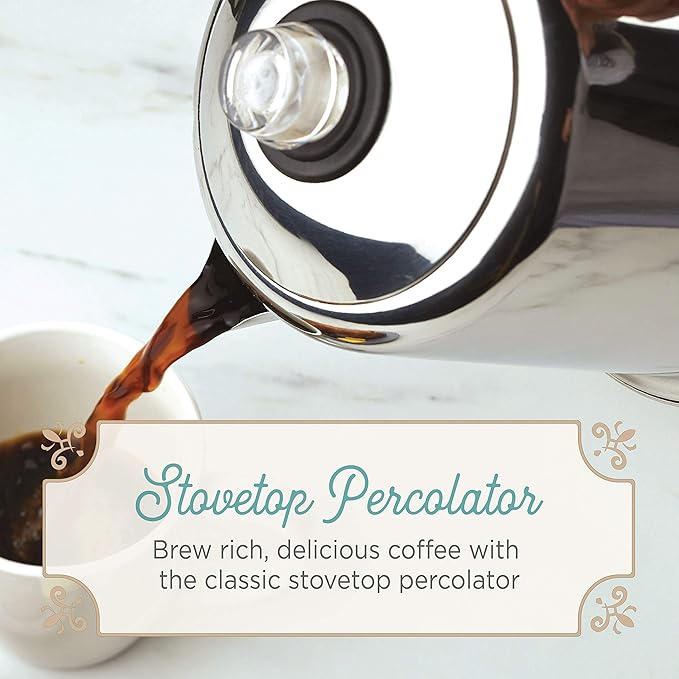 Farberware Classic Stainless Steel Coffee Percolator, 12 Cup, Silver with Glass Blue Knob, 7.28"D x 8.86"W x 10.83"H