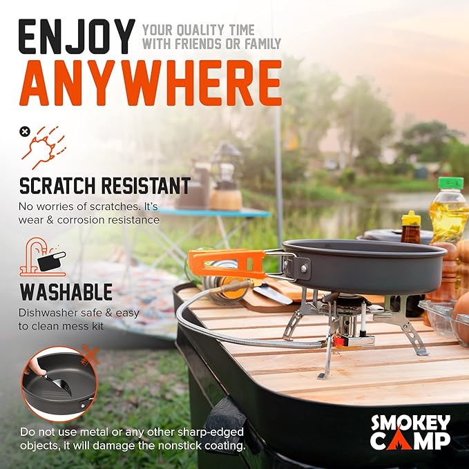 Camping Cookware Mess Kit Set with Stove - Backpacking Compact Camping Cookware, All in One Non-Stick Camping Cooking Set, Portable Stove, Hiking, Picnic, Outdoor & Camping Cookware Set