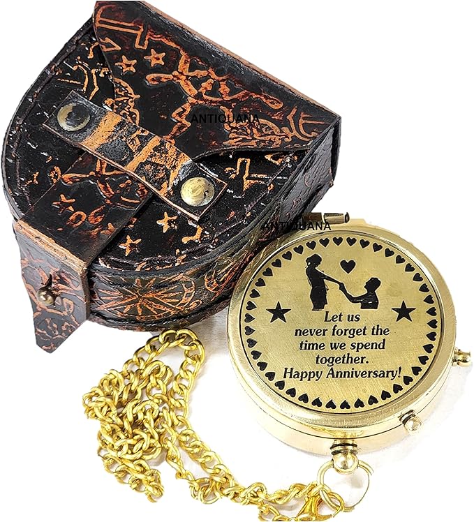 Brass Compass Unique Print ' Happy Anniversary ' Engraved Compass with Leather Case and Chain A Great Gift Item for Your Loved One
