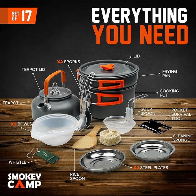 Camping Cookware Mess Kit Set with Stove - Backpacking Compact Camping Cookware, All in One Non-Stick Camping Cooking Set, Portable Stove, Hiking, Picnic, Outdoor & Camping Cookware Set
