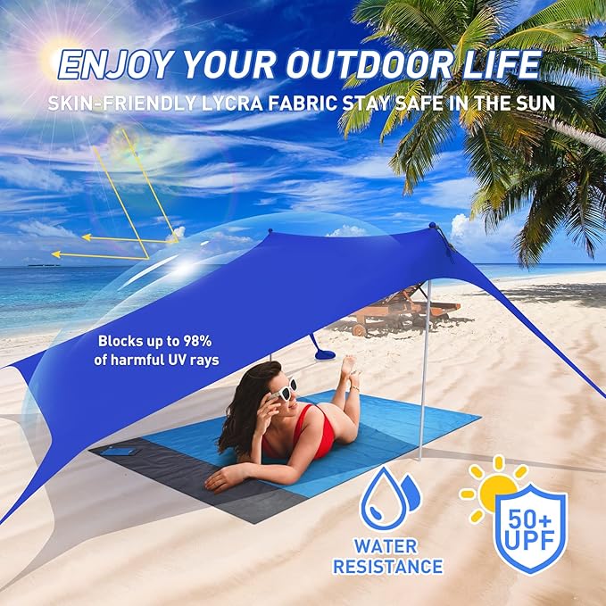 Beach Tent Pop Up Shade Canopy Sun Shelter UPF50+ with 2 Stability Poles/Carry Bag/Ground Pegs/Sand Shovel/Windproof Ropes Portable Outdoor Family Sunshade for Beach Camping(Royal Blue10×10FT)